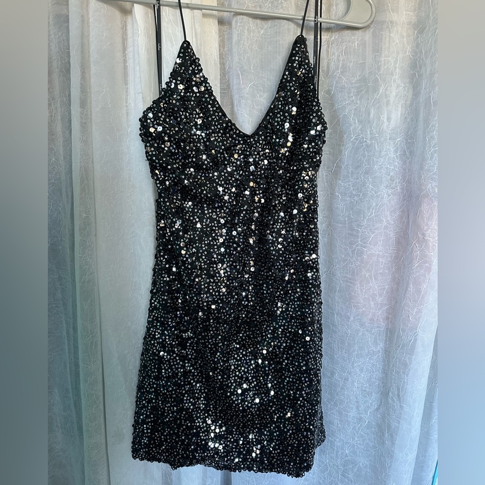 NWT Lulus Force of Fashion black sequin mini dress spaghetti strap backless